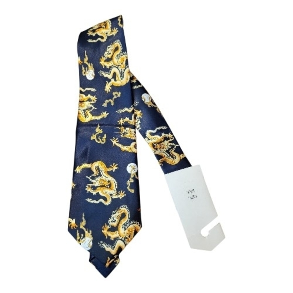 NWT Vintage Men's 90s Blue Handmade Dragon Silk Necktie- 4" Wide